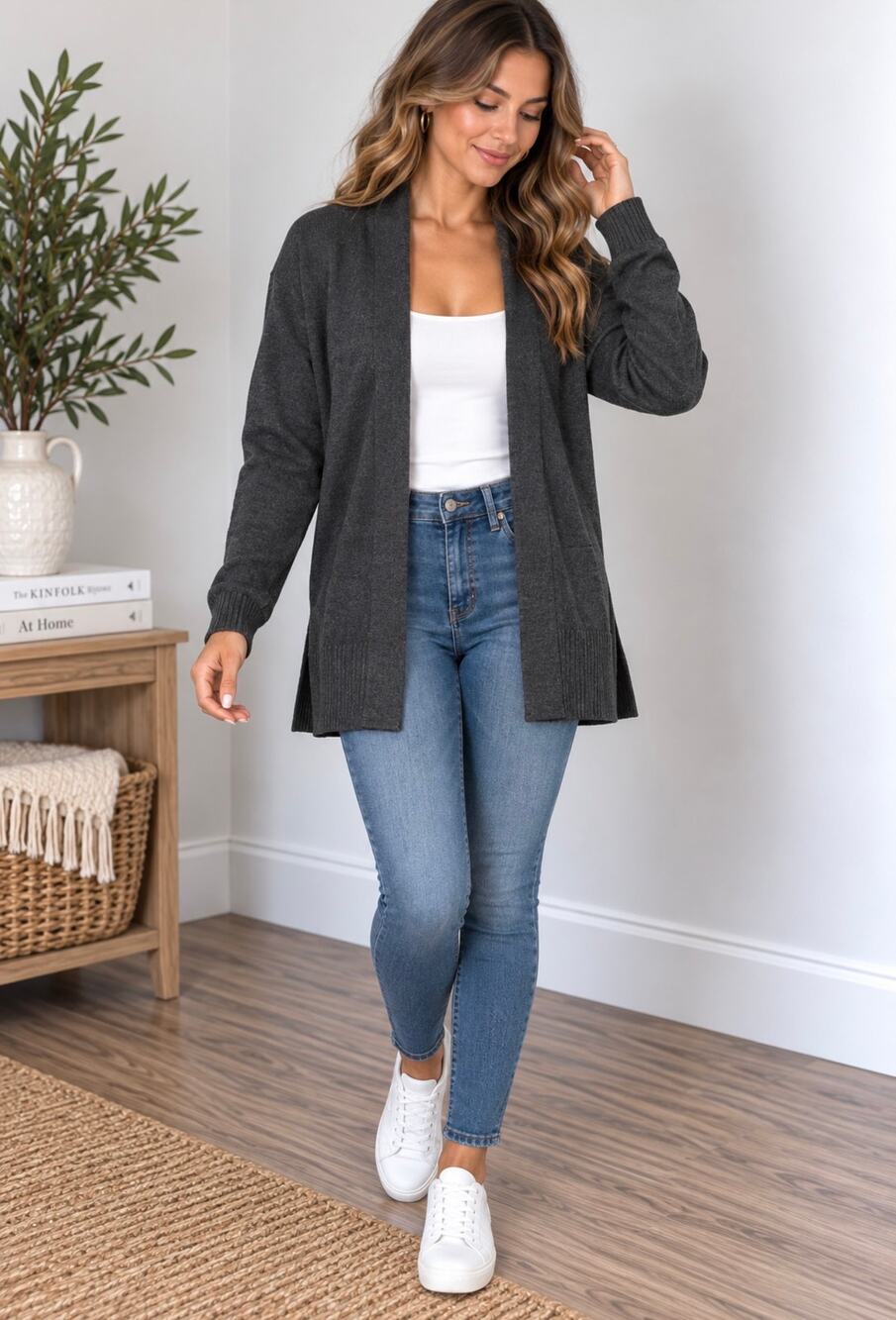 Nina Leonard Women’s M Charcoal Gray Open Front Cardigan Sweater Long Sleeve